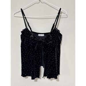 Y2K Frankee & Skylarr Tie Front Cami Top Medium Black Velvet Studded Ruffle